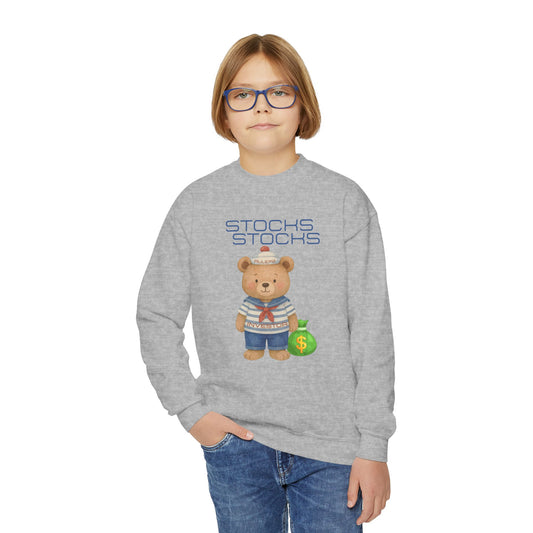 Youth Crewneck Sweatshirt — Teddy Bear Stocks Design with Money Bag