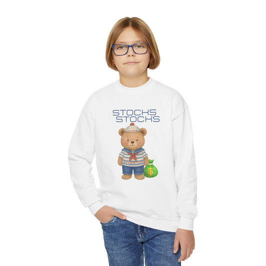 Youth Crewneck Sweatshirt — Teddy Bear Stocks Design with Money Bag